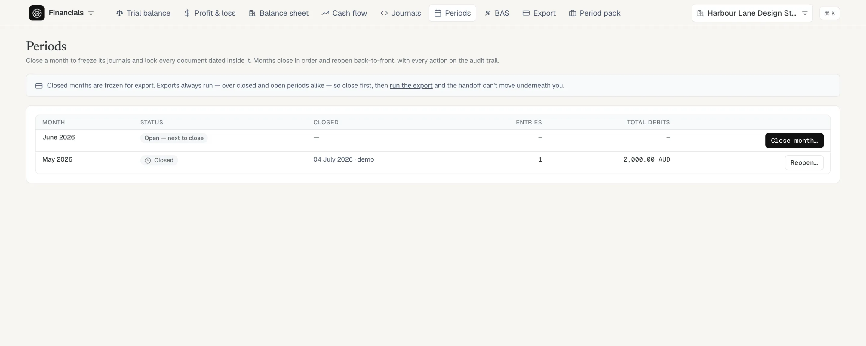 The Periods screen: May closed and frozen with its entries, June open as the next month to close.